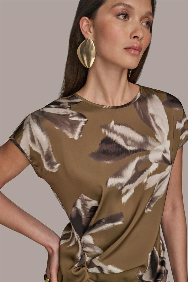 Donna Karan SHIRRED FLORAL TOP Smokey Olive Combo