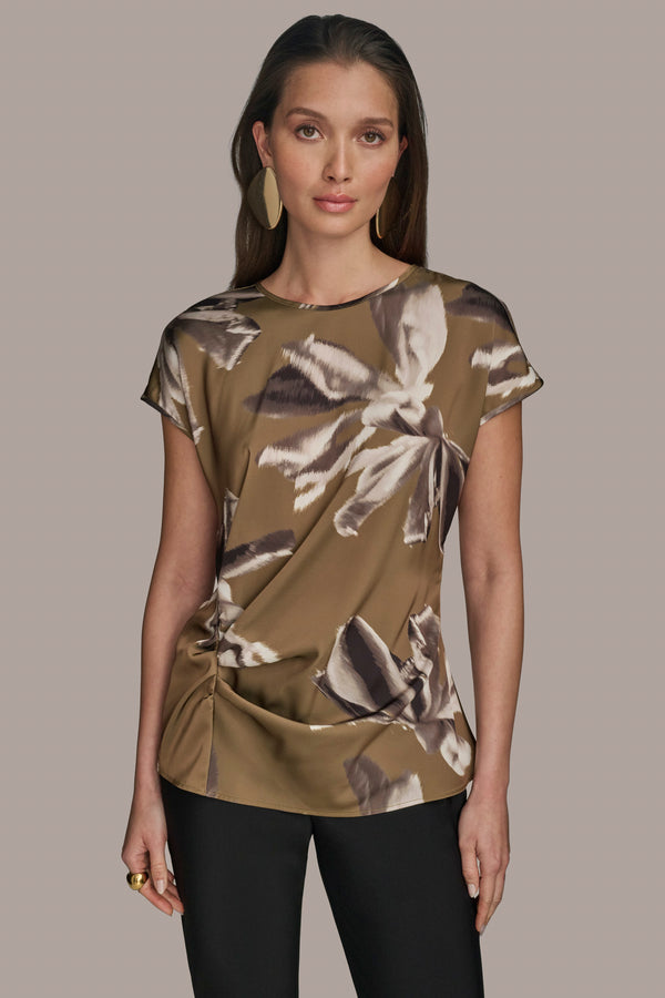 donna karan SHIRRED FLORAL TOP Smokey Olive Combo