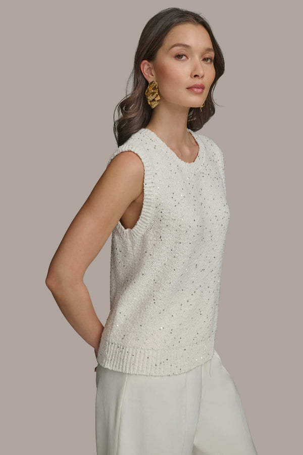 Donna Karan SLEEVELESS TEXT CREW NECK CREAM