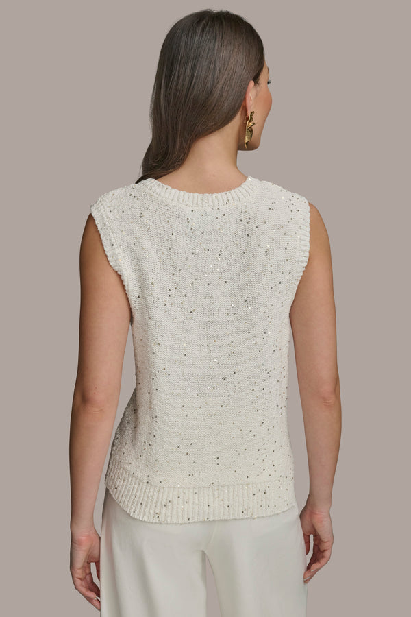 Donna Karan SLEEVELESS TEXT CREW NECK CREAM