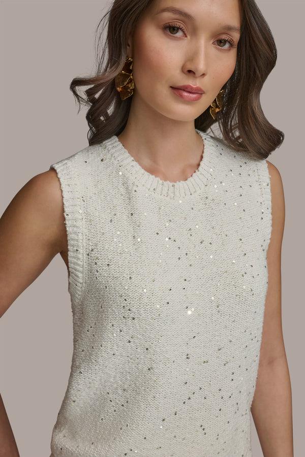 Donna Karan SLEEVELESS TEXT CREW NECK CREAM