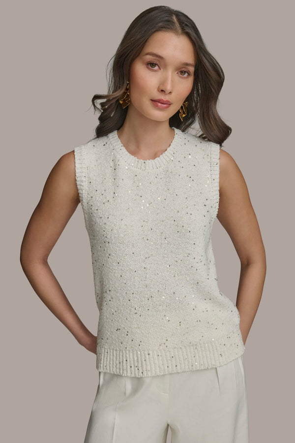 donna karan SLEEVELESS TEXT CREW NECK CREAM