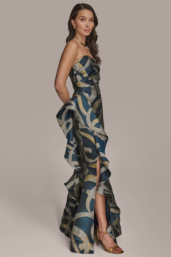 Donna Karan STRAPLESS RUFFLED GOWN Tide/Sand