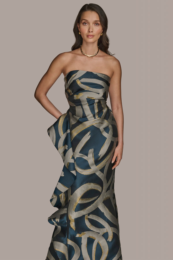 Donna Karan STRAPLESS RUFFLED GOWN Tide/Sand