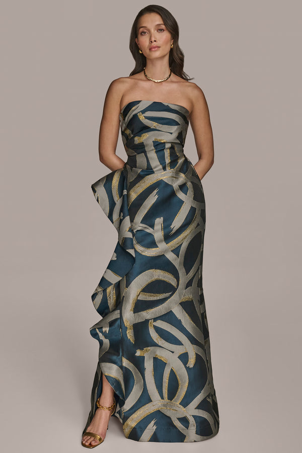 donna karan STRAPLESS RUFFLED GOWN Tide/Sand