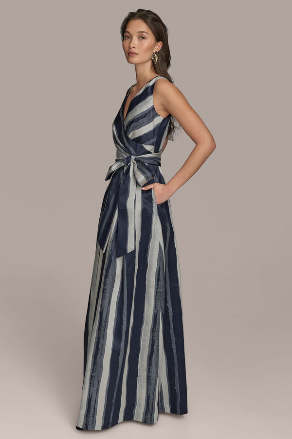Donna Karan STRIPED WRAP BALL GOWN NIGHTFALL MULTI