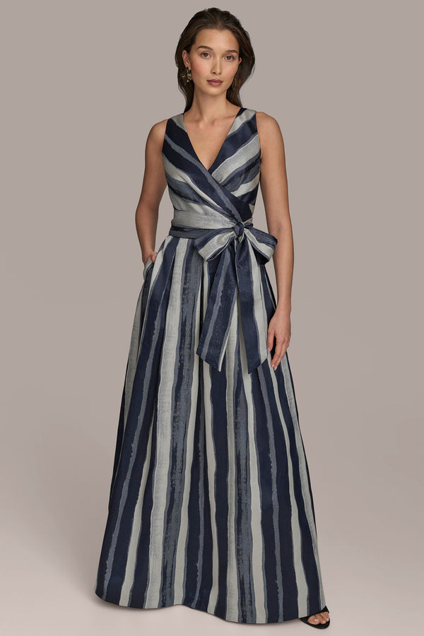 donna karan STRIPED WRAP BALL GOWN NIGHTFALL MULTI