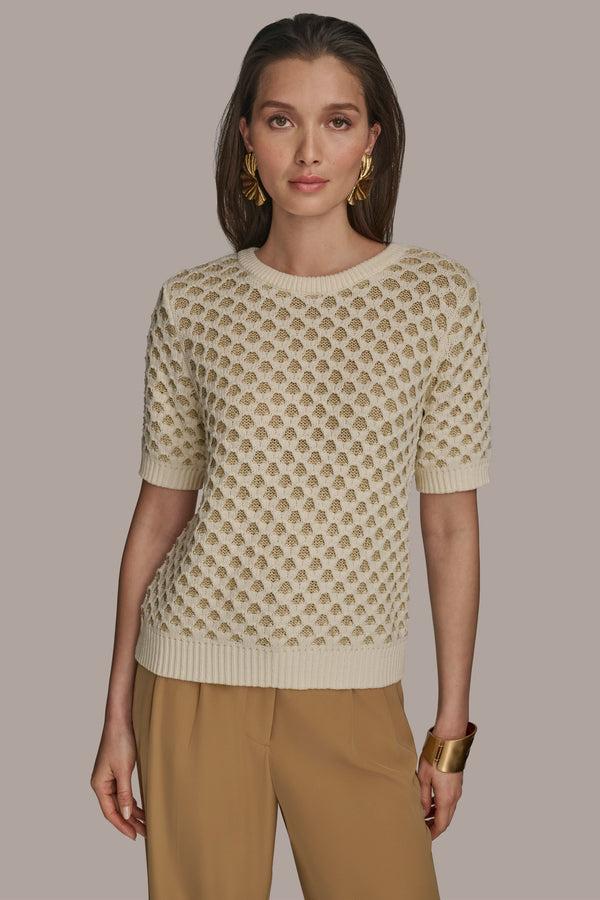 donna karan TWO TONE HONEYCOMB SWEATER Gold/Cream