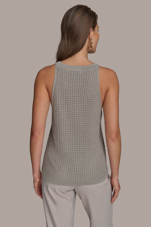 Donna Karan V-NECK OPEN WEAVE TOP CLAY