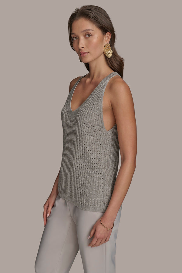 Donna Karan V-NECK OPEN WEAVE TOP CLAY