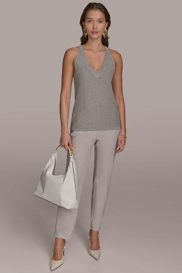 Donna Karan V-NECK OPEN WEAVE TOP CLAY