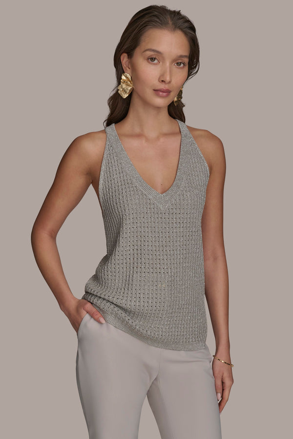 donna karan V-NECK OPEN WEAVE TOP CLAY