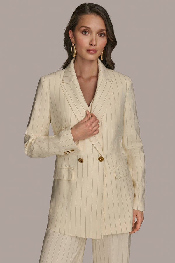 donna karan DOUBLE BREASTED PINSTRIPE JACKET CREAM/BLACK