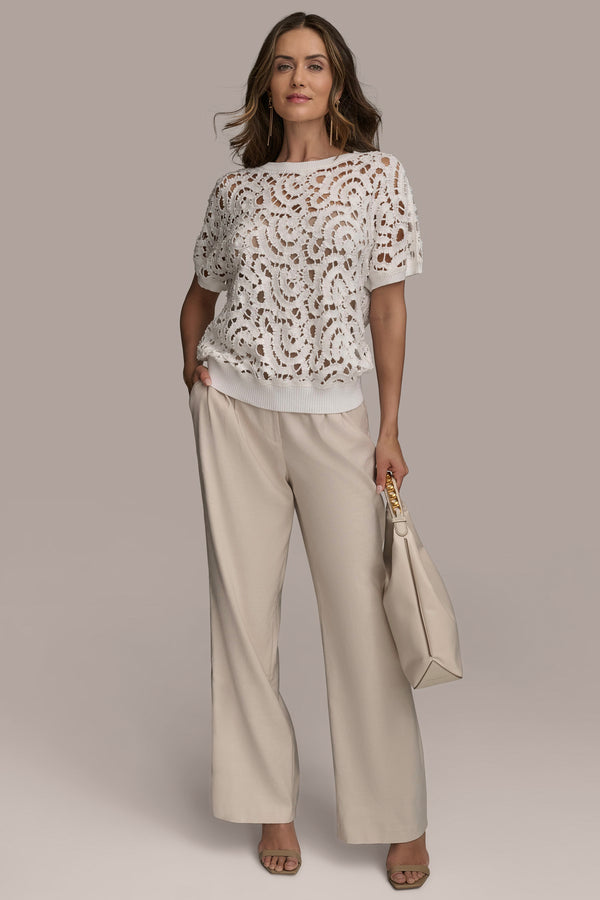Donna Karan DROP SHOULDER CROCHET KNIT SWEATER Cream