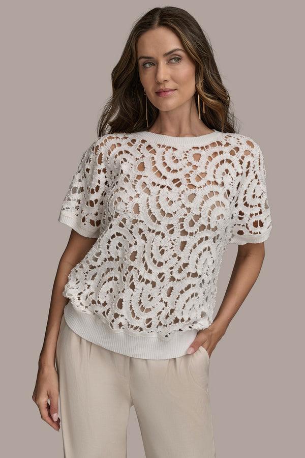 donna karan DROP SHOULDER CROCHET KNIT SWEATER Cream