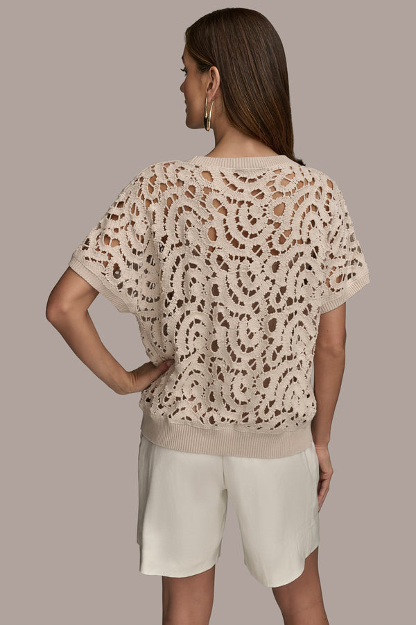 Donna Karan DROP SHOULDER CROCHET KNIT SWEATER Sand
