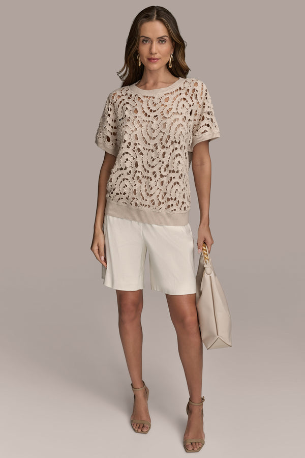 Donna Karan DROP SHOULDER CROCHET KNIT SWEATER Sand