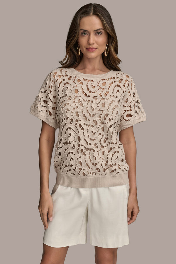 donna karan DROP SHOULDER CROCHET KNIT SWEATER Sand