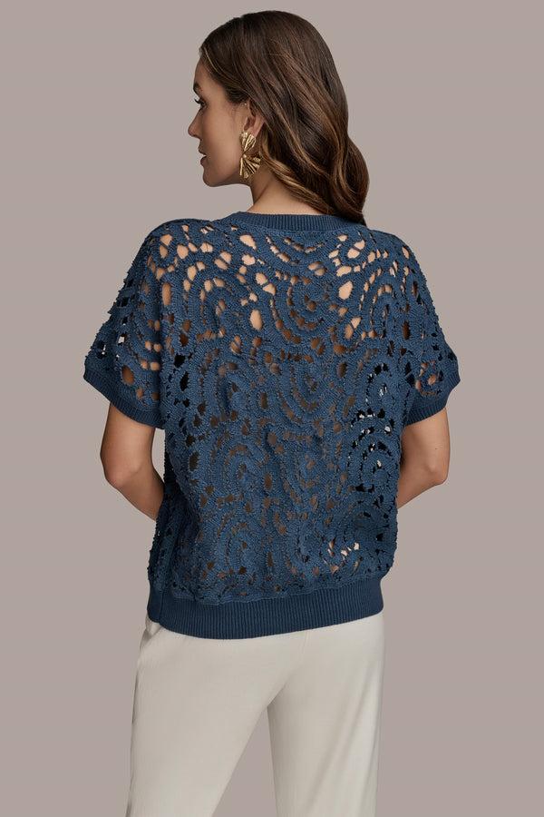 Donna Karan DROP SHOULDER CROCHET KNIT SWEATER Tide Navy