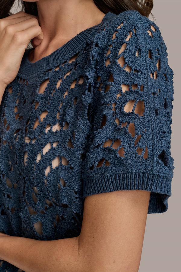 Donna Karan DROP SHOULDER CROCHET KNIT SWEATER Tide Navy