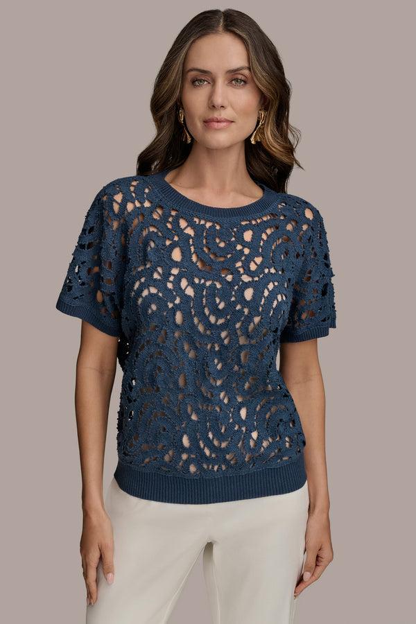 donna karan DROP SHOULDER CROCHET KNIT SWEATER Tide Navy