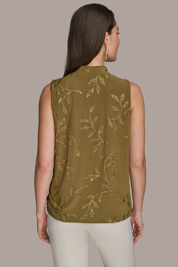 Donna Karan EMBELLISHED COWL NECK TOP Smoky Olive/Gold