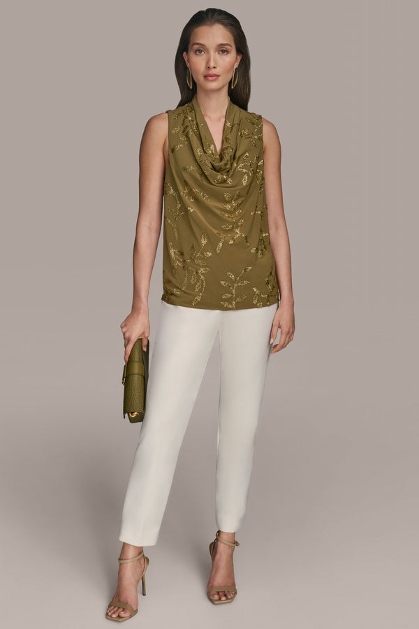 Donna Karan EMBELLISHED COWL NECK TOP Smoky Olive/Gold