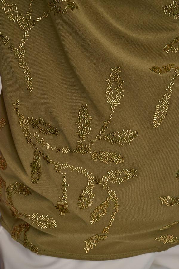 Donna Karan EMBELLISHED COWL NECK TOP Smoky Olive/Gold