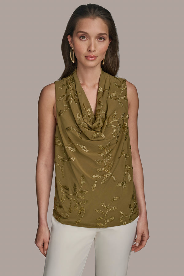 donna karan EMBELLISHED COWL NECK TOP Smoky Olive/Gold