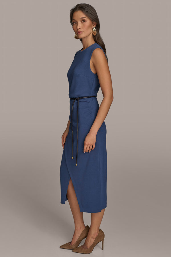 Donna Karan FAUX WRAP MIDI WITH LASSO BELT DARK DENIM
