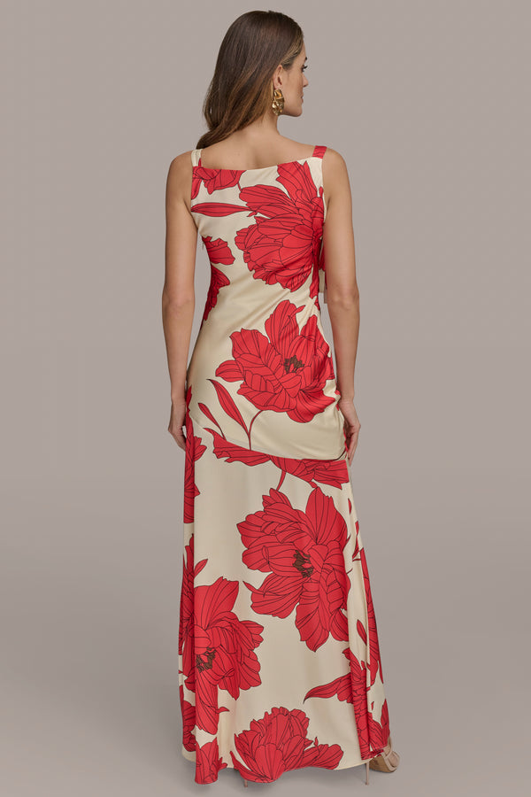 Donna Karan FLORAL BOW-DETAILED DRAPED SATIN GOWN SAHARA RED MULTI