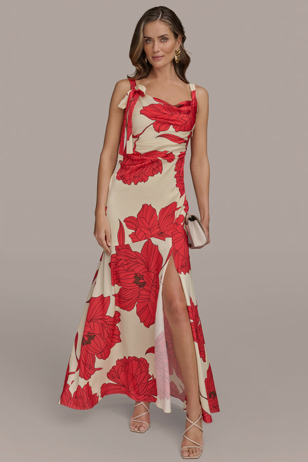 Donna Karan FLORAL BOW-DETAILED DRAPED SATIN GOWN SAHARA RED MULTI