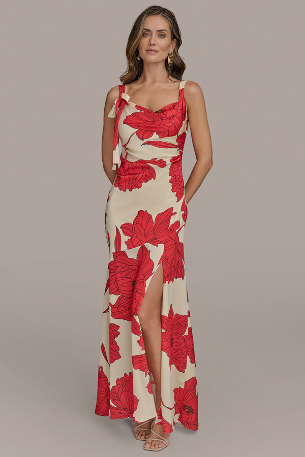 donna karan FLORAL BOW-DETAILED DRAPED SATIN GOWN SAHARA RED MULTI