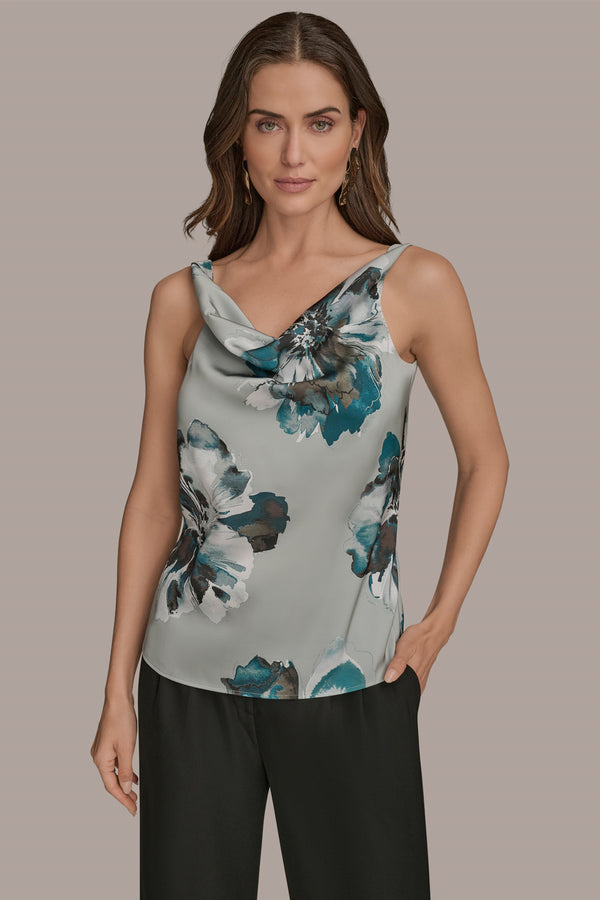 donna karan FLORAL COWL NECK CAMI Weathered Sage Multi