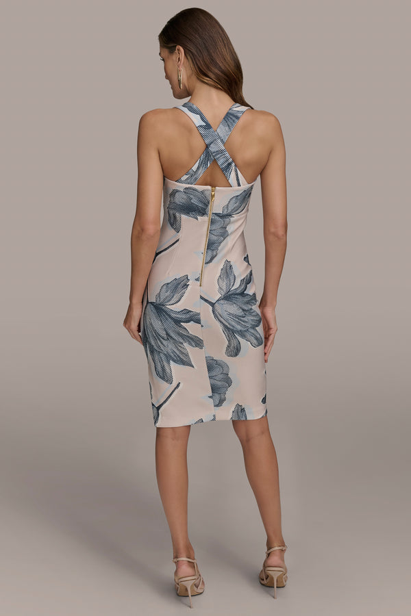 Donna Karan FLORAL CROSS-BACK SCUBA SHEATH DRESS Sand Multi
