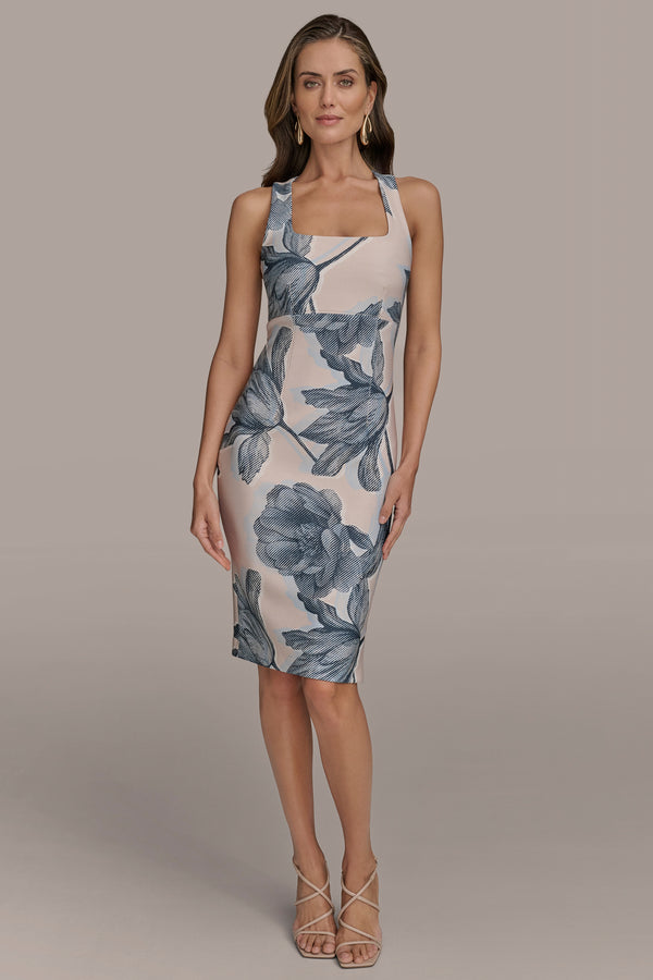 donna karan FLORAL CROSS-BACK SCUBA SHEATH DRESS Sand Multi