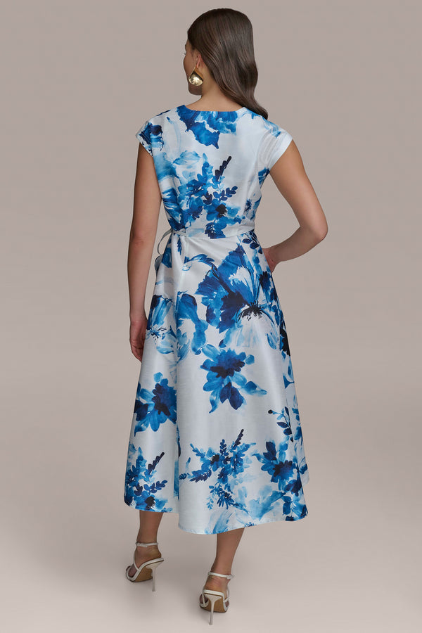 Donna Karan FLORAL DUPIONI MIDI WRAP DRESS INK MULTI