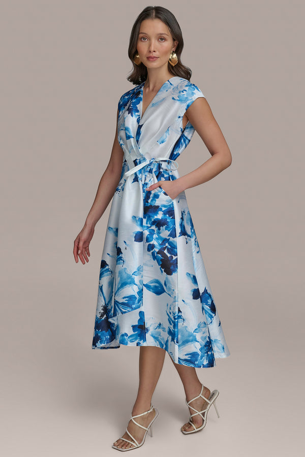 Donna Karan FLORAL DUPIONI MIDI WRAP DRESS INK MULTI