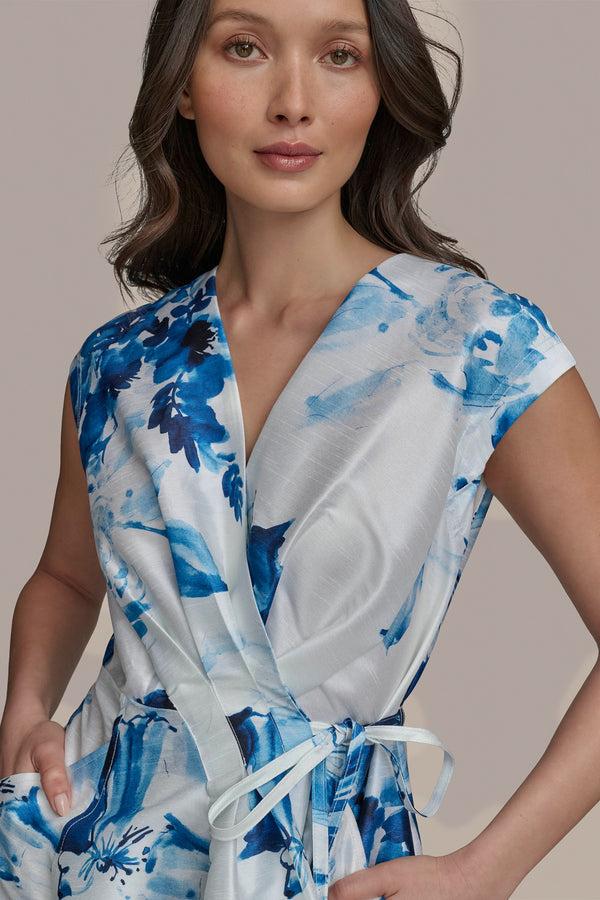 Donna Karan FLORAL DUPIONI MIDI WRAP DRESS INK MULTI