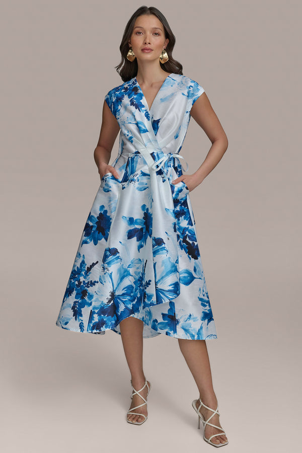 donna karan FLORAL DUPIONI MIDI WRAP DRESS INK MULTI
