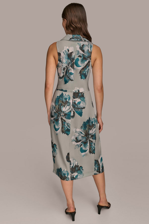 Donna Karan FLORAL EMBELLISHED MIDI SHIRT DRESS WEATHERD SAGE MULTI