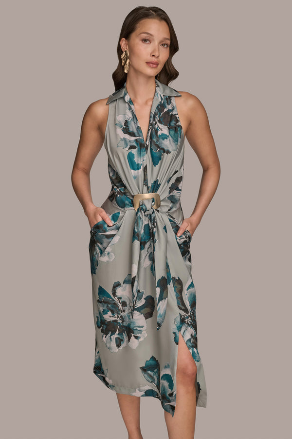 Donna Karan FLORAL EMBELLISHED MIDI SHIRT DRESS WEATHERD SAGE MULTI