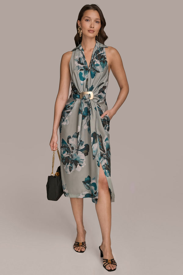 donna karan FLORAL EMBELLISHED MIDI SHIRT DRESS WEATHERD SAGE MULTI