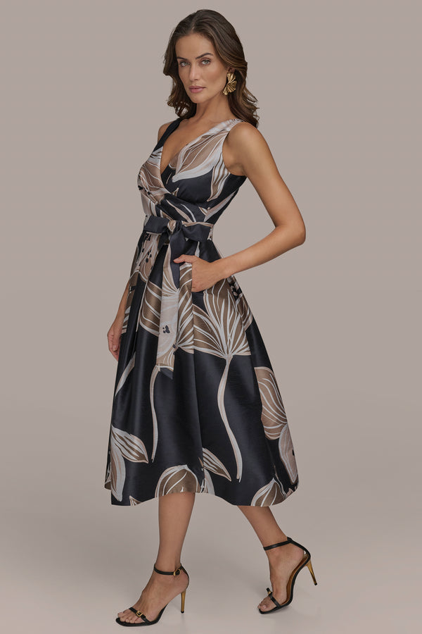 Donna Karan FLORAL FIT AND FLARE COCKTAIL DRESS BLACK/FAWN MULTI