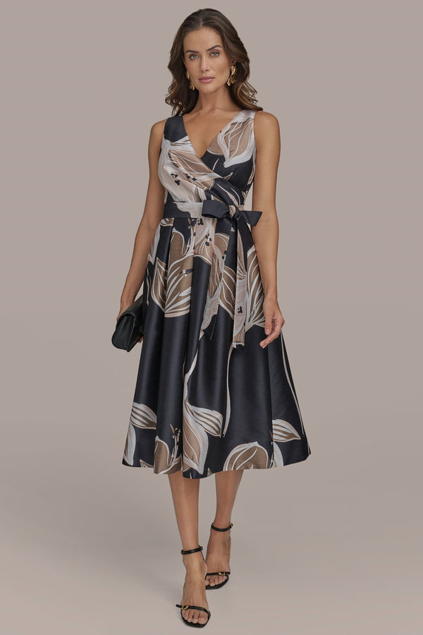 Donna Karan FLORAL FIT AND FLARE COCKTAIL DRESS BLACK/FAWN MULTI