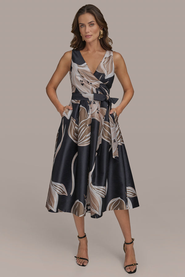 donna karan FLORAL FIT AND FLARE COCKTAIL DRESS BLACK/FAWN MULTI