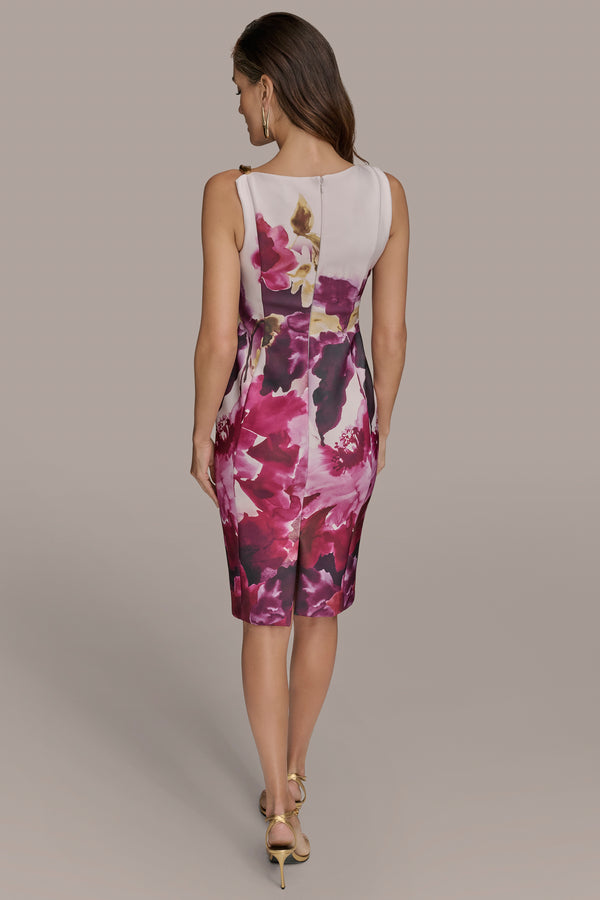 Donna Karan FLORAL GOLD-TRIMMED ONE-SHOULDER SHEATH DRESS Sangria Multi
