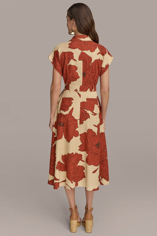 Donna Karan FLORAL LINEN-BLEND MIDI SHIRT DRESS Cinnamon Multi