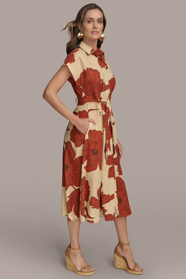 Donna Karan FLORAL LINEN-BLEND MIDI SHIRT DRESS Cinnamon Multi