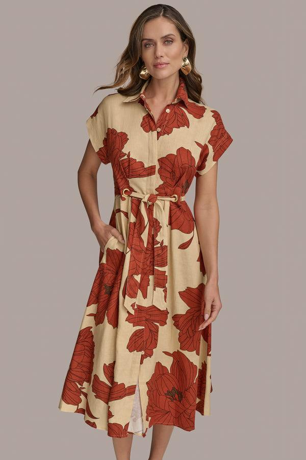 Donna Karan FLORAL LINEN-BLEND MIDI SHIRT DRESS Cinnamon Multi